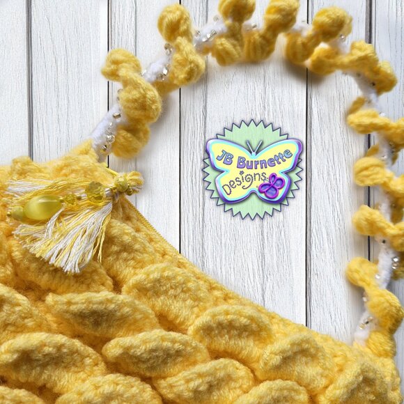 Handmade Yellow Crochet Scallop Handbag, Beaded Handle Spring Summer Purse - Picture 3 of 4